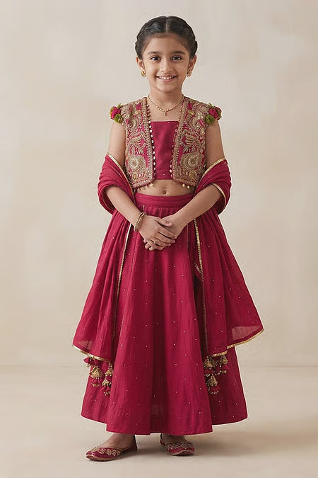 Red Hand Embroidered Jacket Lehenga Set For Kids