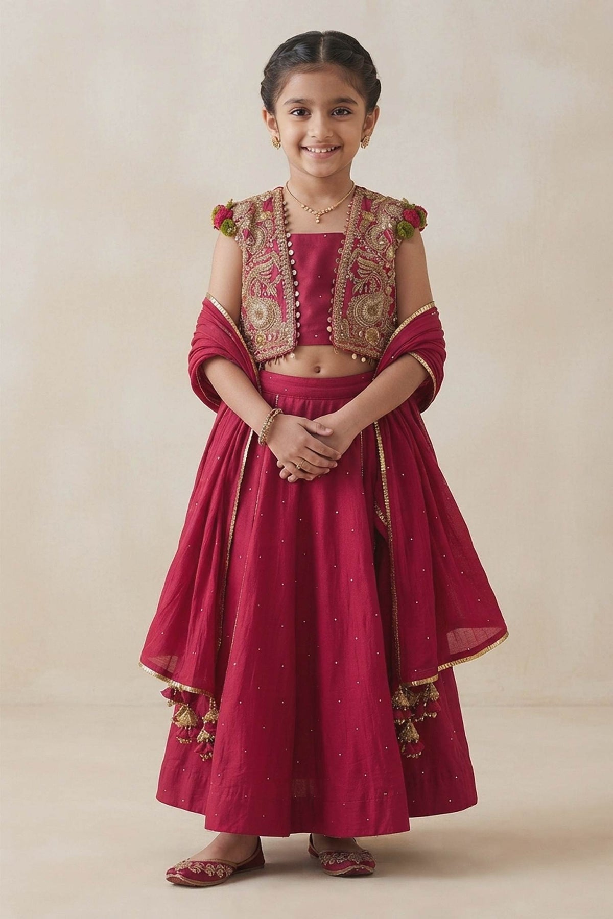 Buy Hirika &amp; Dhruti Red Hand Embroidered Jacket Lehenga Set For Kids at Aza Fashions