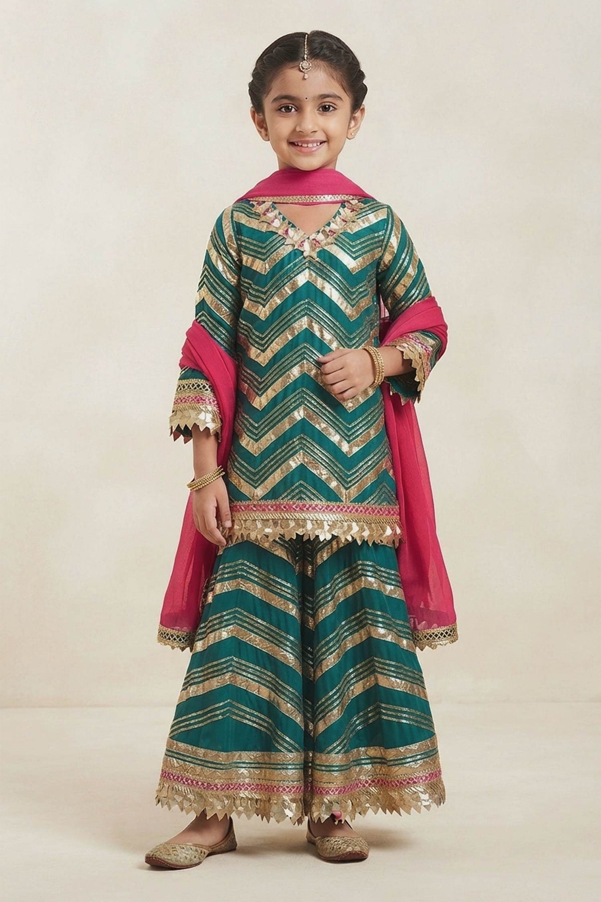 Buy Hirika &amp; Dhruti Teal Gota Patti Kurta Sharara And Dupatta Set For Kids at Aza Fashions