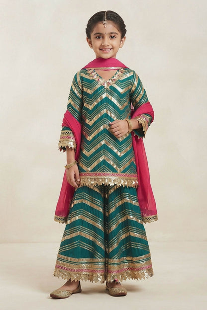 Buy Hirika &amp; Dhruti Teal Gota Patti Kurta Sharara And Dupatta Set For Kids at Aza Fashions