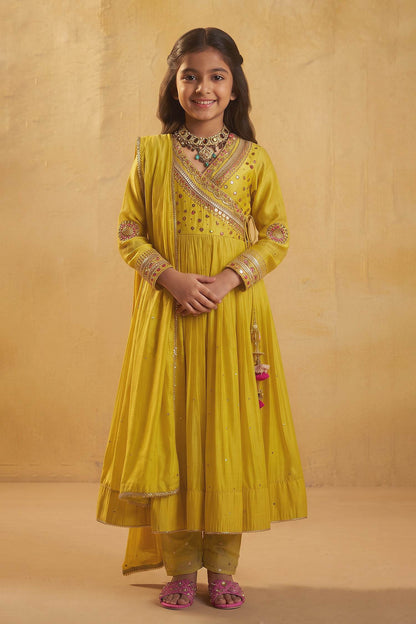 Buy Hirika &amp; Dhruti Yellow Metal Tikki Work Angarkha Pant Set For Kids at Aza Fashions