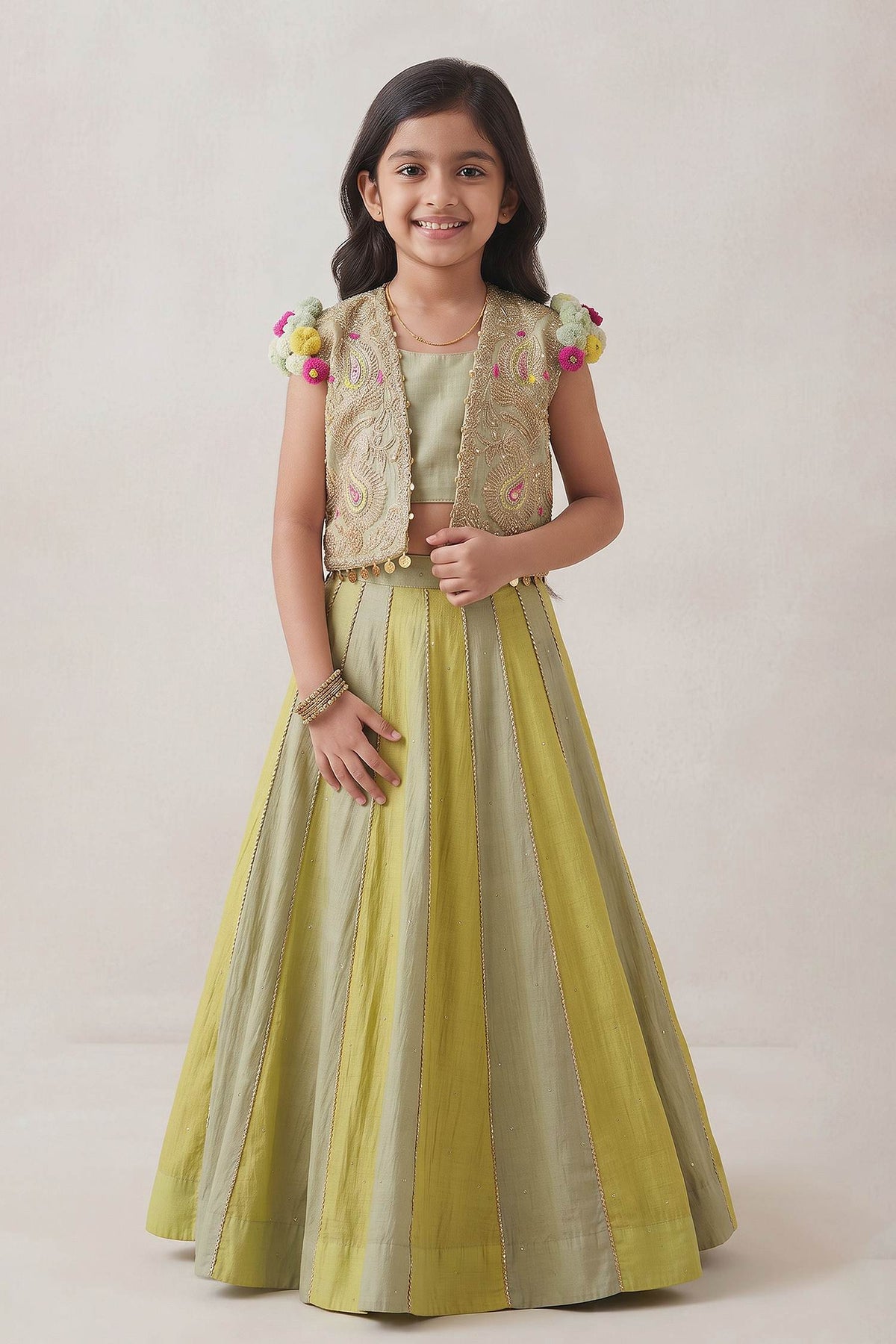 Hirika &amp; Dhruti Green Embroidered Crop Jacket And Lehenga Set For Kids