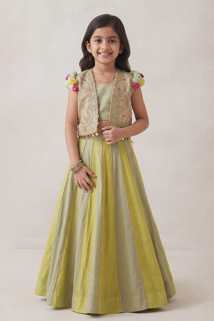 Hirika &amp; Dhruti Green Embroidered Crop Jacket And Lehenga Set For Kids