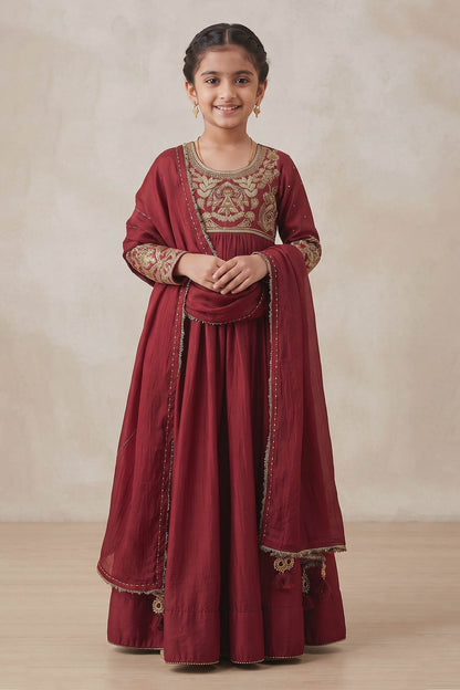 Buy Hirika &amp; Dhruti Burgundy Karnika Hand Work Anarkali With Dupatta For Kids at Aza Fashions