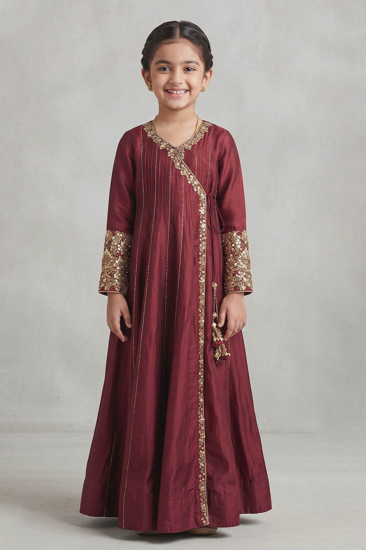 Buy Hirika &amp; Dhruti Burgundy Sufi Embroidered Angarkha Anarkali Set For Kids at Aza Fashions