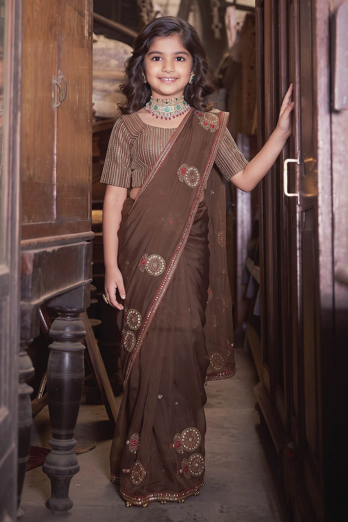 Buy Hirika &amp; Dhruti Brown Lehar Saree With Embroidered Blouse For Kids at Aza Fashions