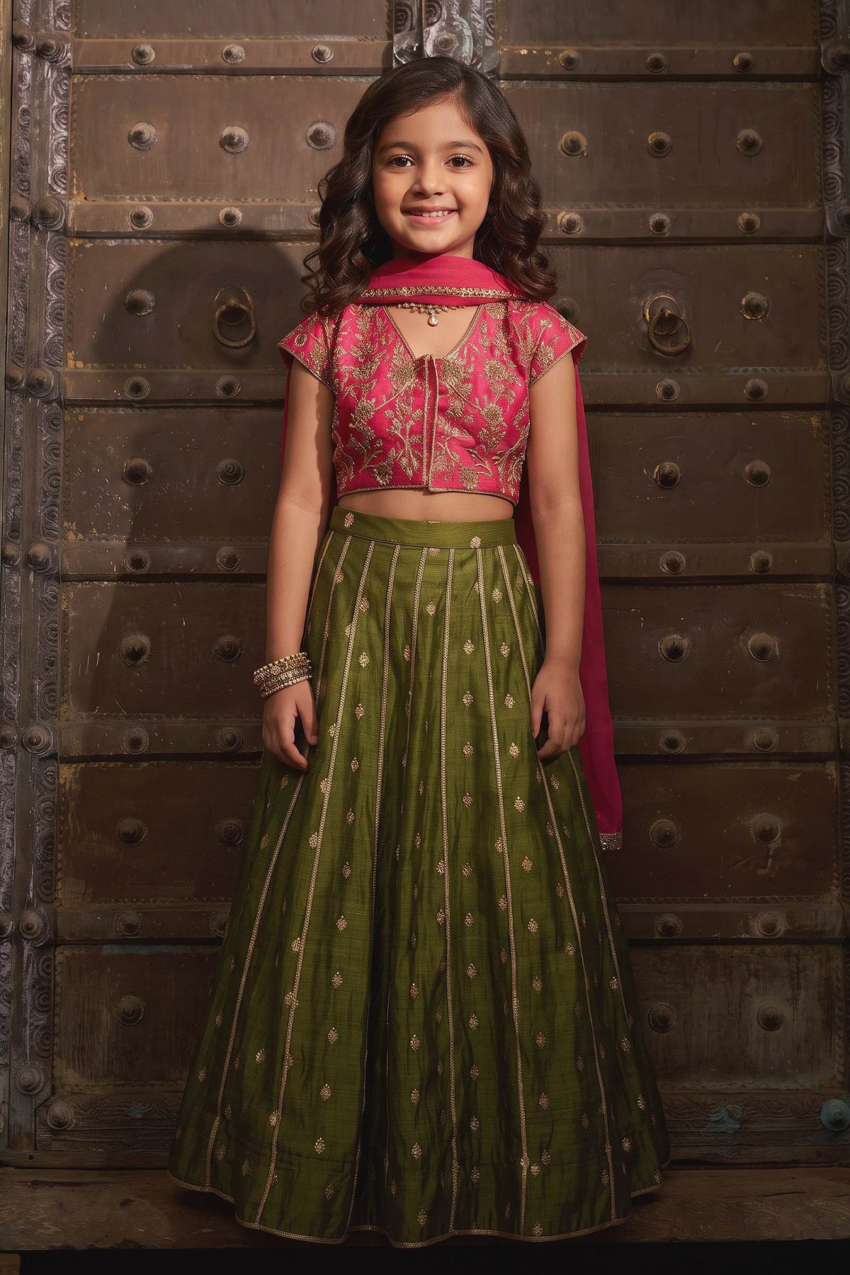 Buy Hirika &amp; Dhruti Green Banarasiya Scattered Butti Work Lehenga Set For Kids at Aza Fashions