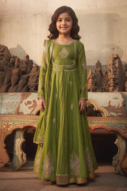 Buy Hirika &amp; Dhruti Green Nooree Hand Work Anarkali And Long Jacket Set For Kids at Aza Fashions