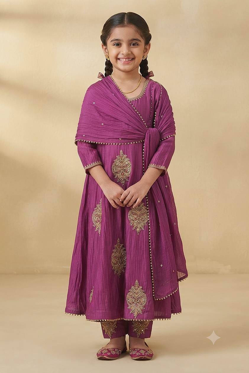 Buy Hirika &amp; Dhruti Purple Phul Marodi Butta Kurta Set For Kids at Aza Fashions