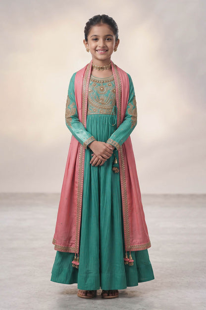 Buy Hirika &amp; Dhruti Aqua Marodi Embroidered Angarkha Set For Kids at Aza Fashions