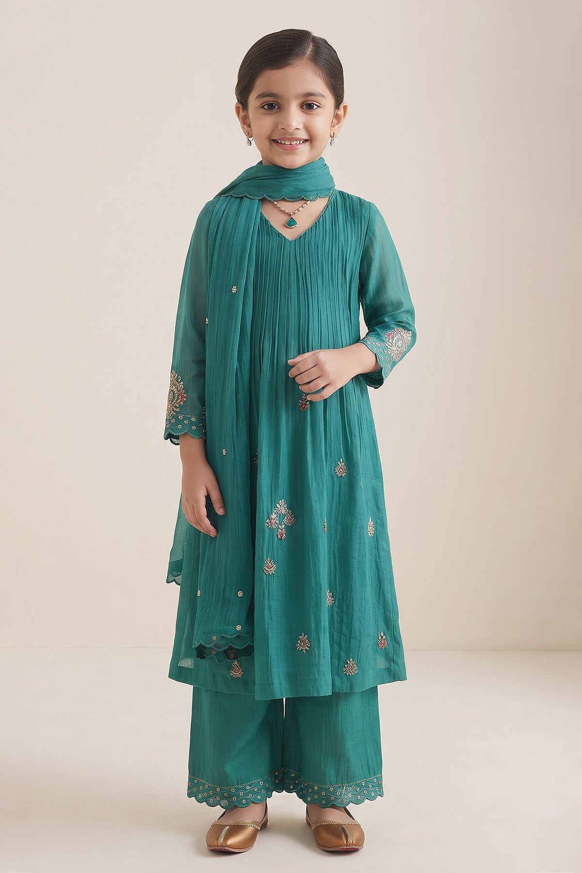 Buy Hirika &amp; Dhruti Aqua Scattered Butti Embroidered Anarkali Set For Kids at Aza Fashions