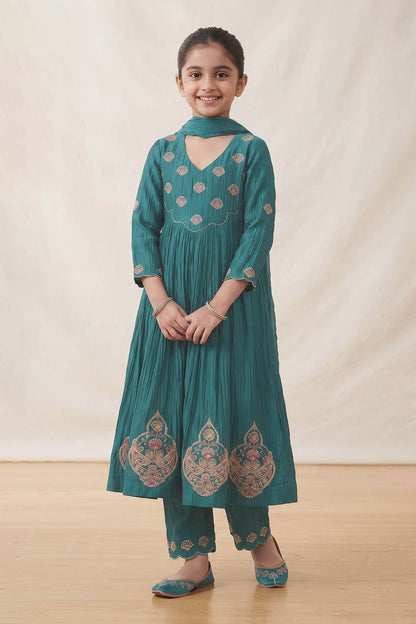 Buy Hirika &amp; Dhruti Aqua Marodi Butti Embroidered Kurta Set For Kids at Aza Fashions