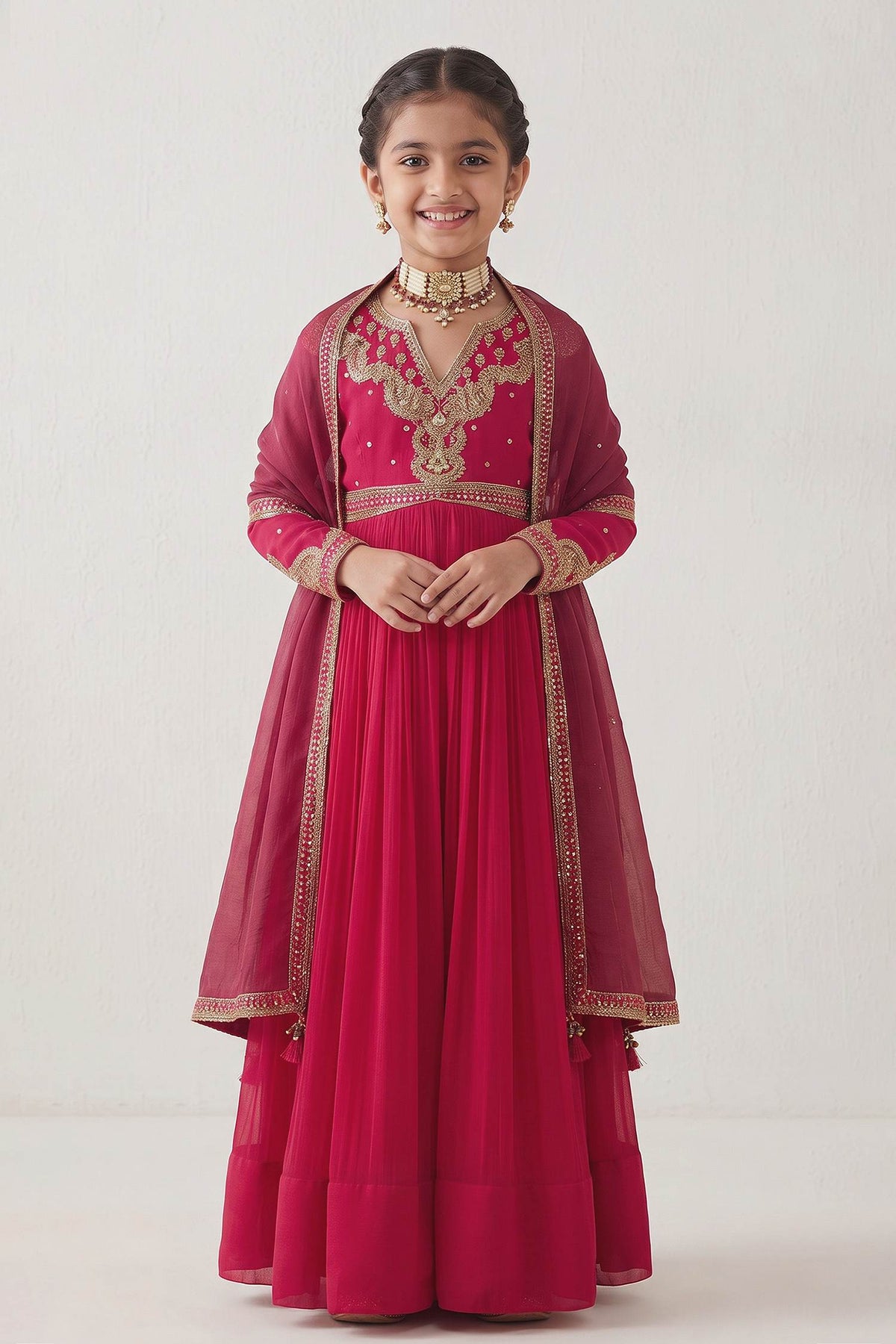 Hirika &amp; Dhruti Pink Embroidered Anarkali And Dupatta Set For Kids