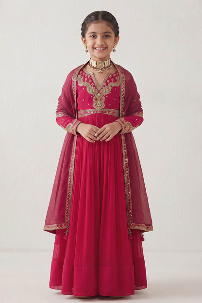 Hirika &amp; Dhruti Pink Embroidered Anarkali And Dupatta Set For Kids