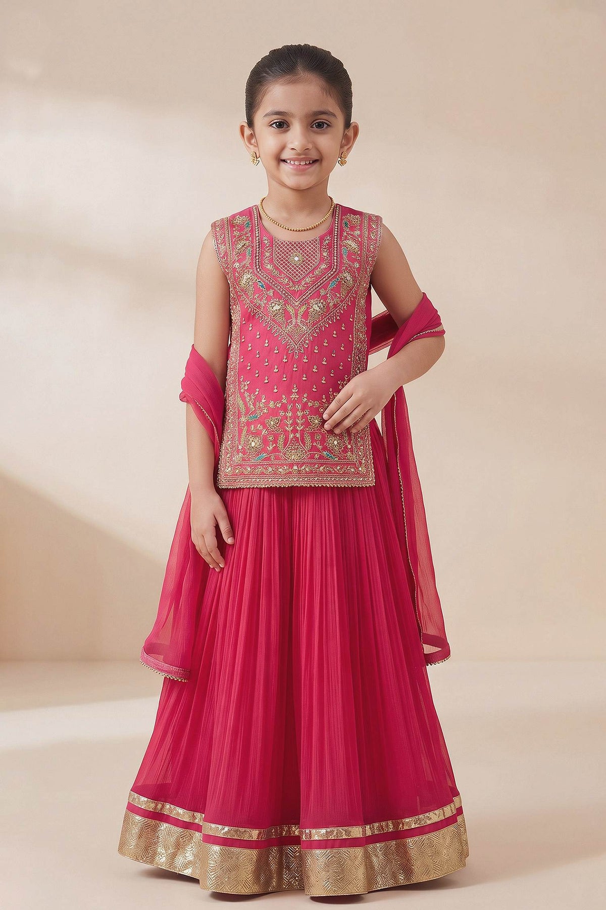 Buy Hirika &amp; Dhruti Pink Zardozi Embroidered Kurta Lehenga Set For Kids at Aza Fashions