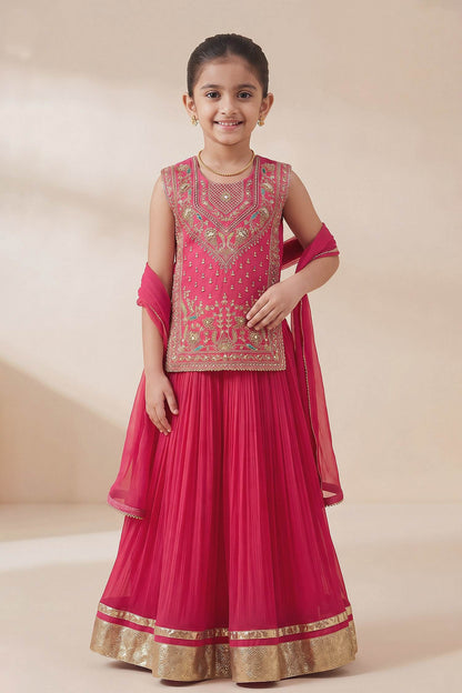 Buy Hirika &amp; Dhruti Pink Zardozi Embroidered Kurta Lehenga Set For Kids at Aza Fashions