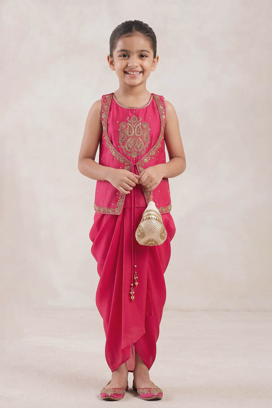 Buy Hirika &amp; Dhruti Pink Marodi Work Top And Draped Skirt Set For Kids at Aza Fashions