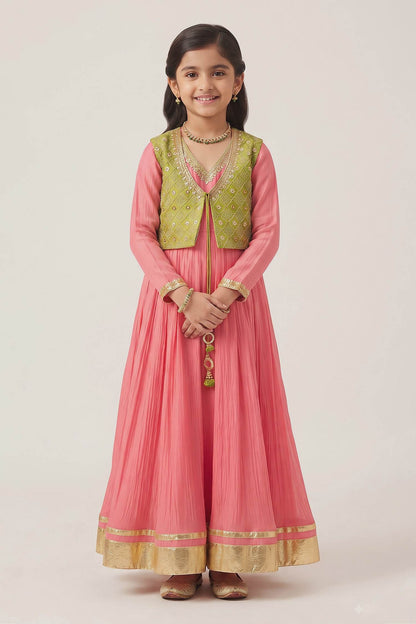 Buy Hirika &amp; Dhruti Peach Anarkali With Jharokha Work Jacket For Kids at Aza Fashions