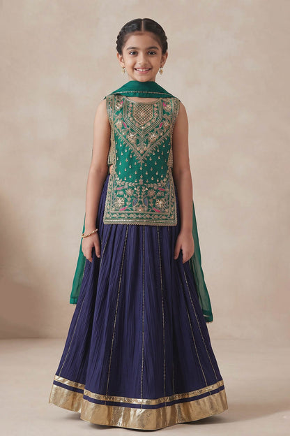 Buy Hirika &amp; Dhruti Blue Zardozi Work Kurta Lehenga Set For Kids at Aza Fashions