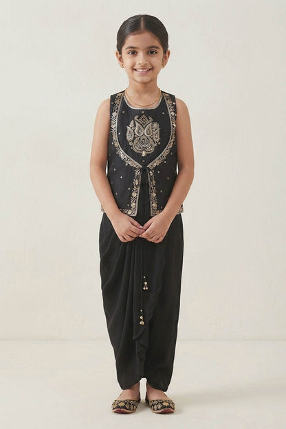 Hirika &amp; Dhruti Black Marodi Work Layered Top And Draped Skirt Set For Kids