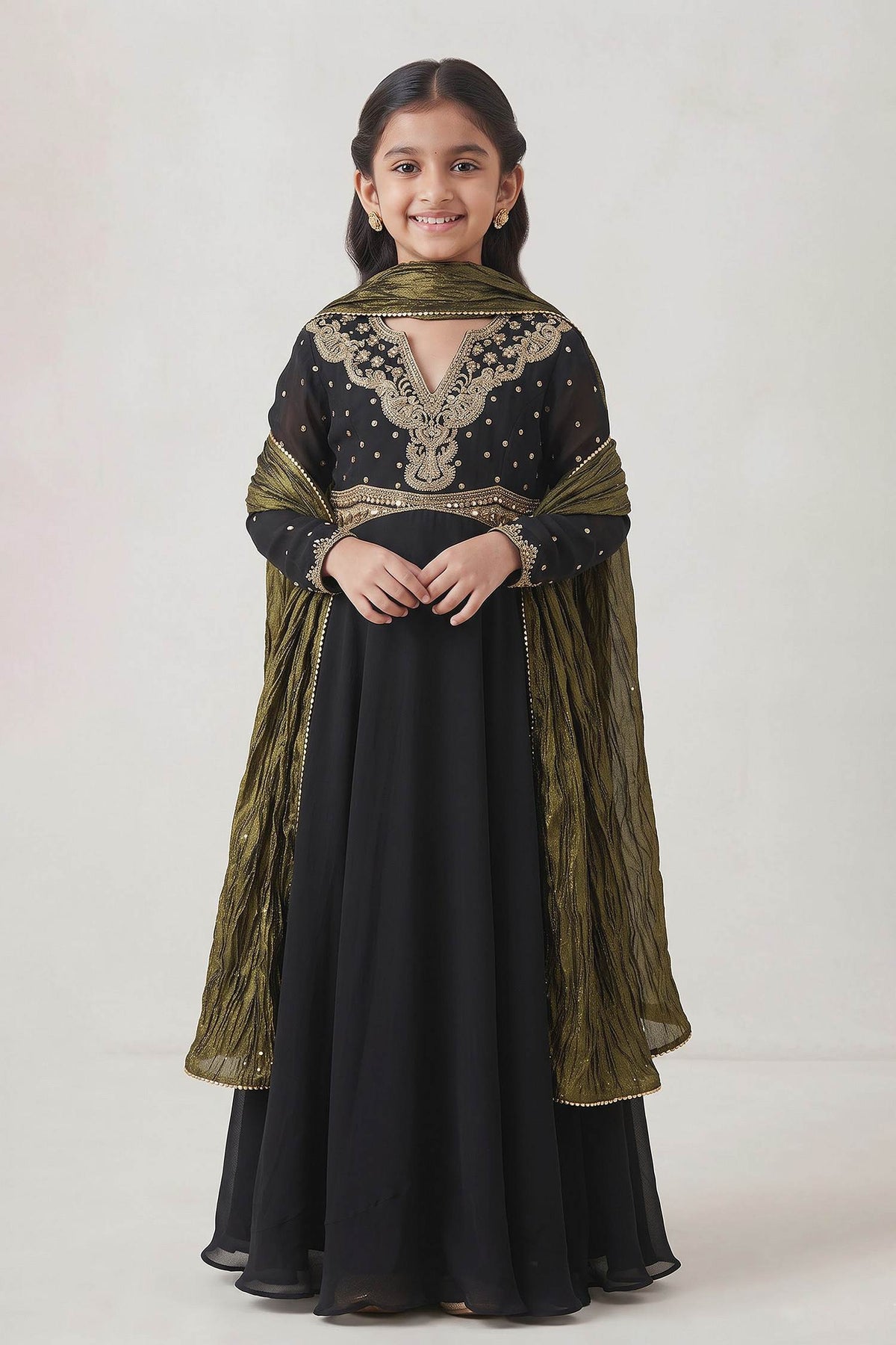 Hirika &amp; Dhruti Black Embroidered Anarkali And Dupatta Set For Kids