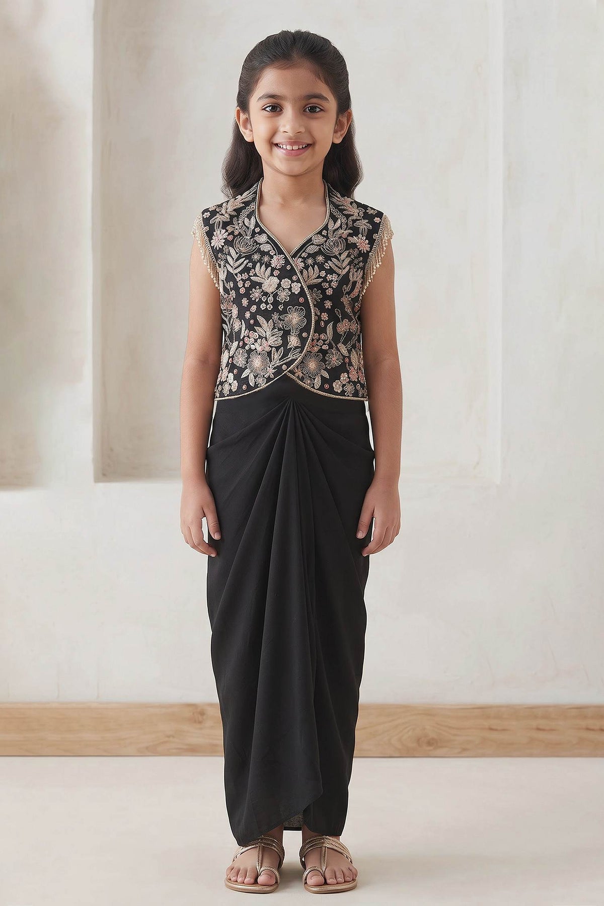 Buy Hirika &amp; Dhruti Black Embroidered Jacket And Draped Skirt Set For Kids at Aza Fashions
