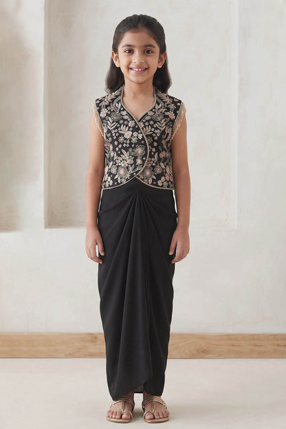 Buy Hirika &amp; Dhruti Black Embroidered Jacket And Draped Skirt Set For Kids at Aza Fashions