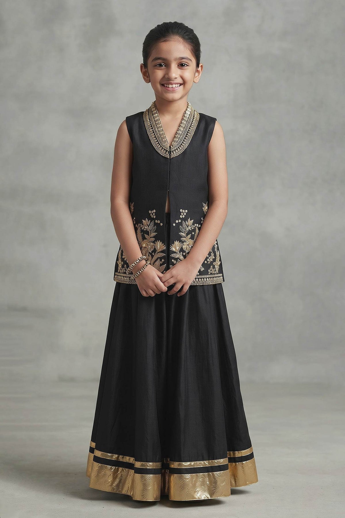 Buy Hirika &amp; Dhruti Black Hand Embroidered Jacket And Kali Sharara Set For Kids at Aza Fashions