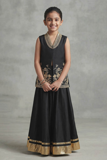 Buy Hirika &amp; Dhruti Black Hand Embroidered Jacket And Kali Sharara Set For Kids at Aza Fashions