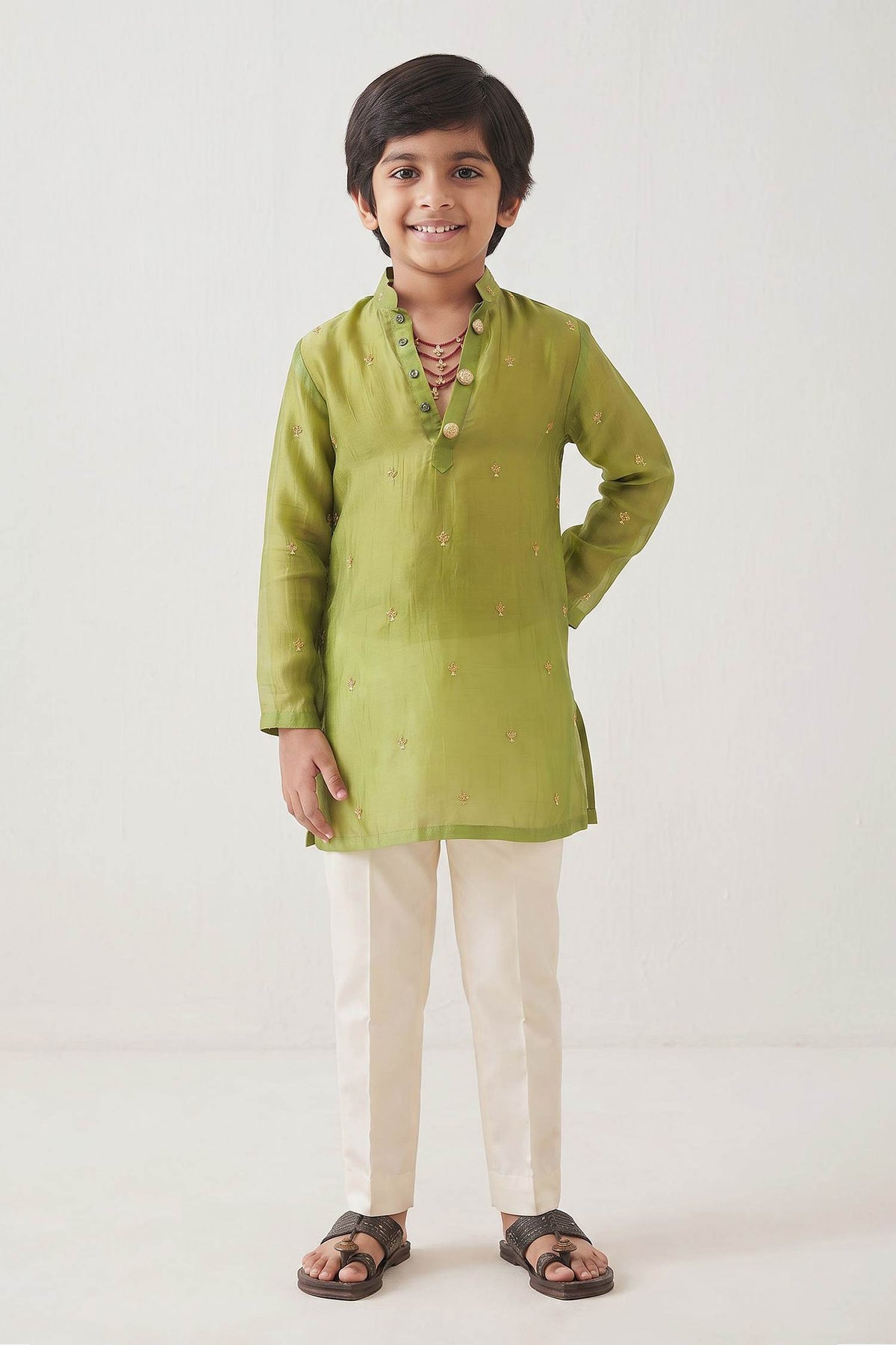 Buy Hirika &amp; Dhruti Green Embroidered Sheer Kurta And Pant Set For Kids at Aza Fashions