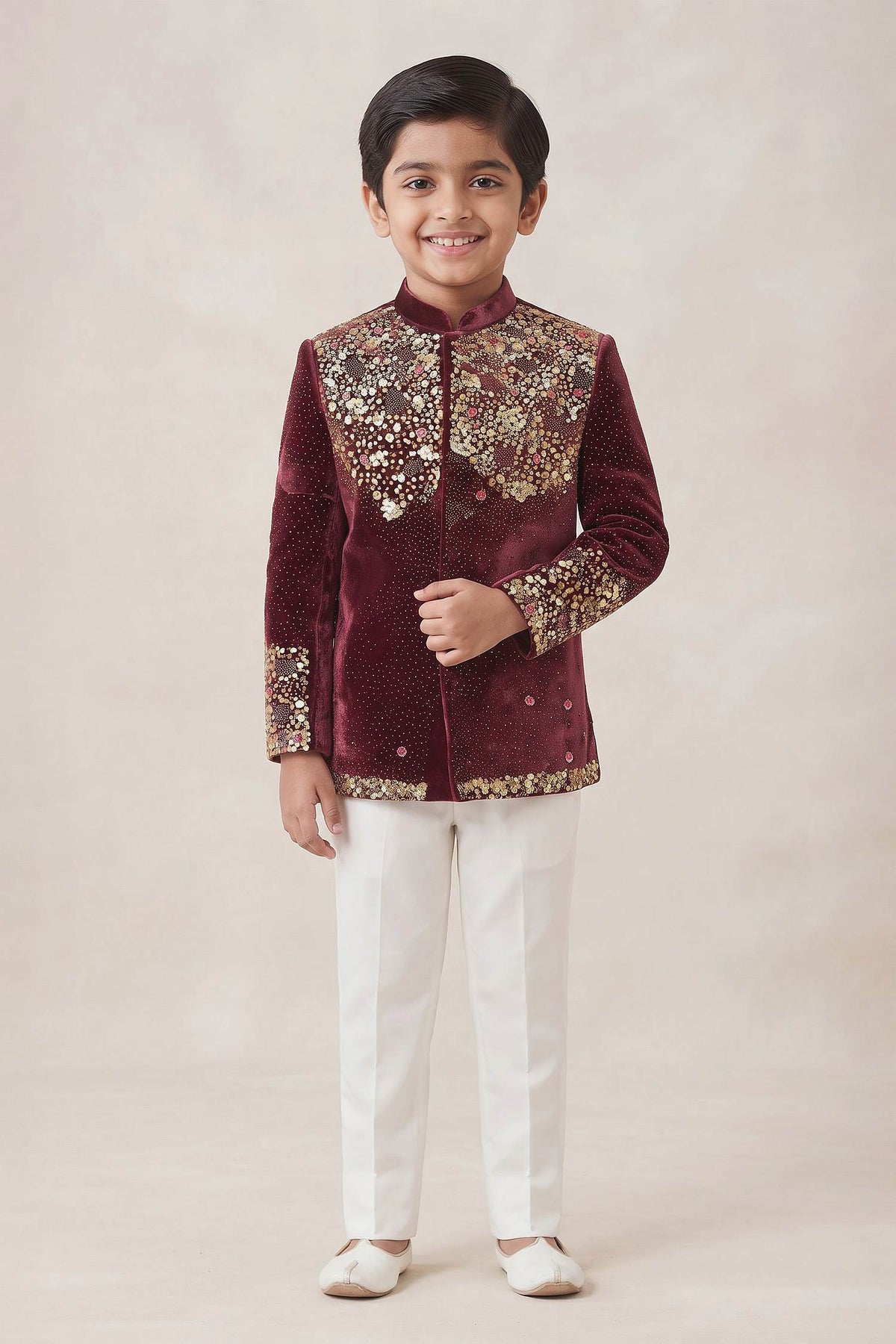 Buy Hirika &amp; Dhruti Burgundy Sequin Embroidered Bandhgala For Kids at Aza Fashions