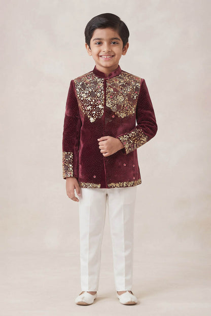 Buy Hirika &amp; Dhruti Burgundy Sequin Embroidered Bandhgala For Kids at Aza Fashions