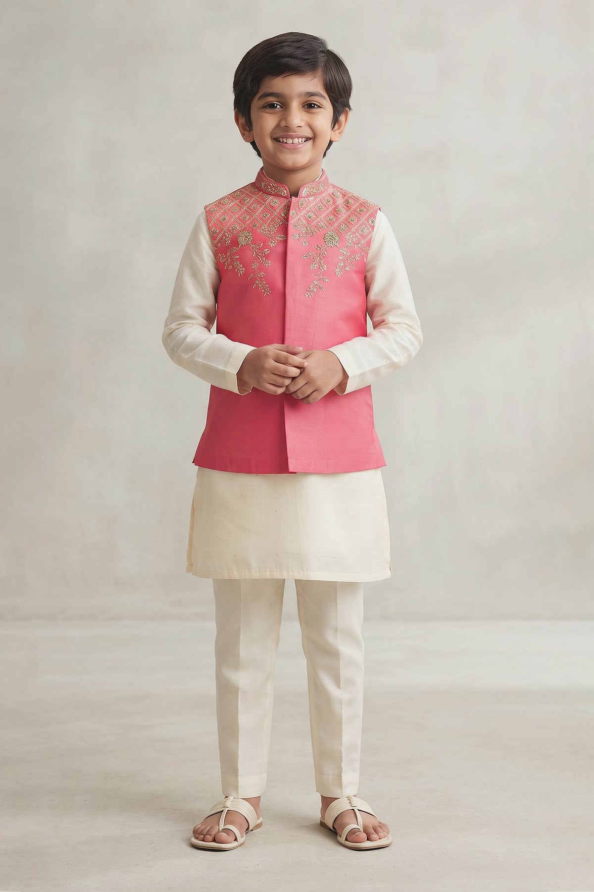 Buy Hirika &amp; Dhruti Peach Embroidered Bundi And Kurta Set For Kids at Aza Fashions