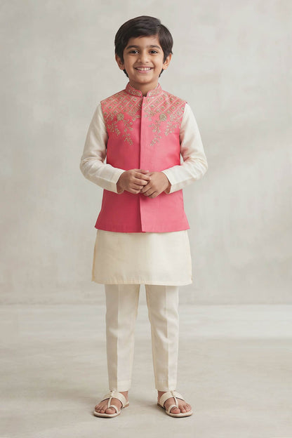 Buy Hirika &amp; Dhruti Peach Embroidered Bundi And Kurta Set For Kids at Aza Fashions