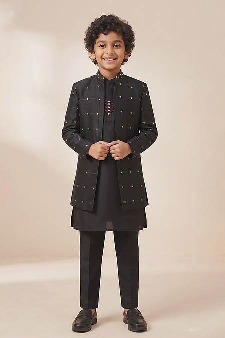 Buy Hirika &amp; Dhruti Black Embroidered Jacket And Kurta Set For Kids at Aza Fashions