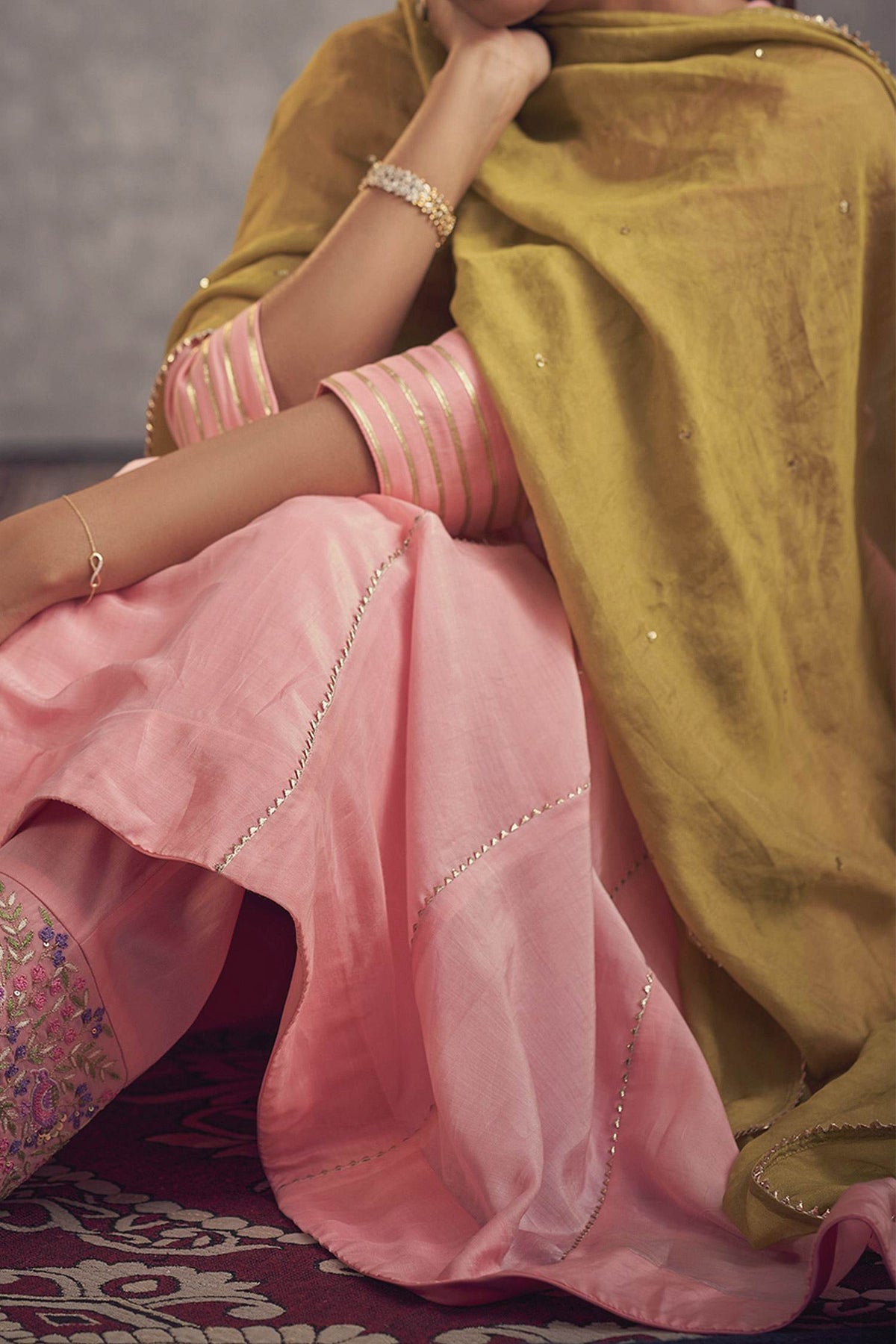 Shop Hirika &amp; Dhruti Pink Cotton Silk, Dupatta Tissue, Lining Crepe Gota, Embroidered Anarkali Set For Kids at Aza Fashions