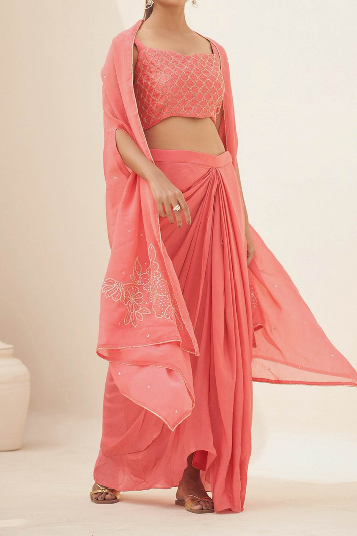 Hirika &amp; Dhruti Peach Silk, Jacket Organza, Lining Crepe Bead And Embroidered Draped Skirt Set For Kids Online at Aza Fashions
