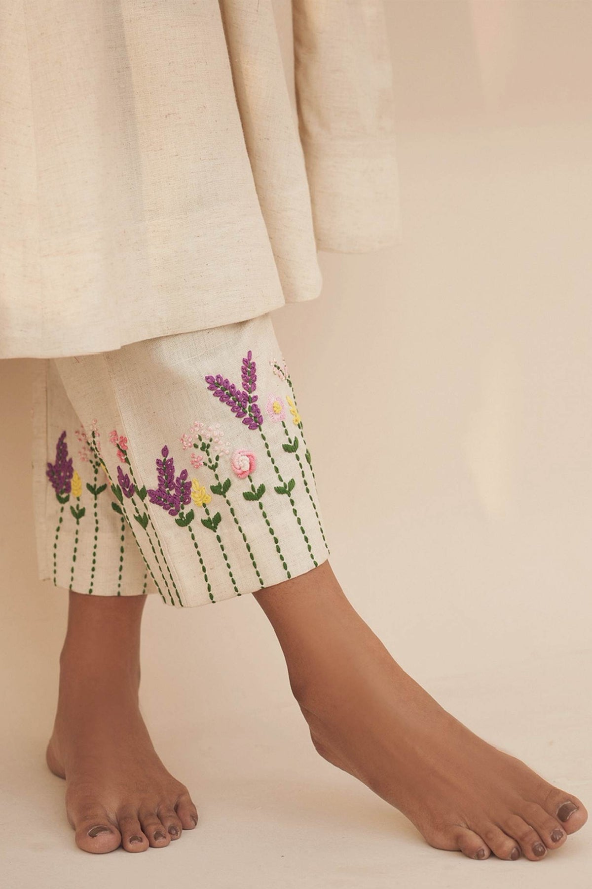 Shop Hirika &amp; Dhruti Ivory Handloom Cotton Floral Anarkali And Pant Set For Kids at Aza Fashions