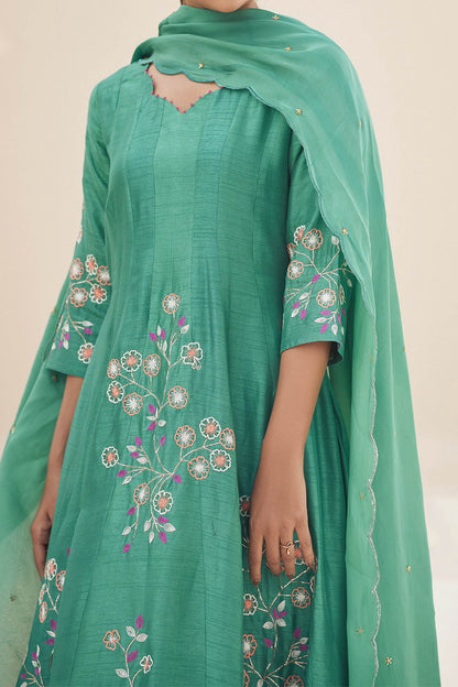 Shop Hirika &amp; Dhruti Green Anarkali Silk, Dupatta Organza, Lining Crepe Hand Embroidered With For Kids at Aza Fashions
