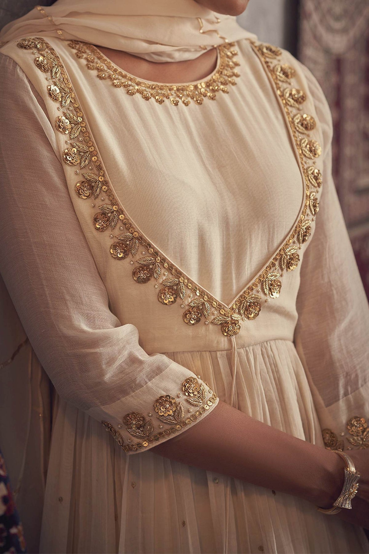 Shop Hirika &amp; Dhruti Ivory Cotton, Organza, Chanderi, Inner Lining Hand Embroidered Anarkali Set For Kids at Aza Fashions
