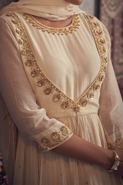 Shop Hirika &amp; Dhruti Ivory Cotton, Organza, Chanderi, Inner Lining Hand Embroidered Anarkali Set For Kids at Aza Fashions