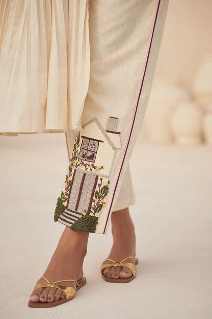 Hirika &amp; Dhruti Ivory Handloom Cotton Floral, House Hand Embroidered High Low Kurta And Pant Set For Kids Online at Aza Fashions