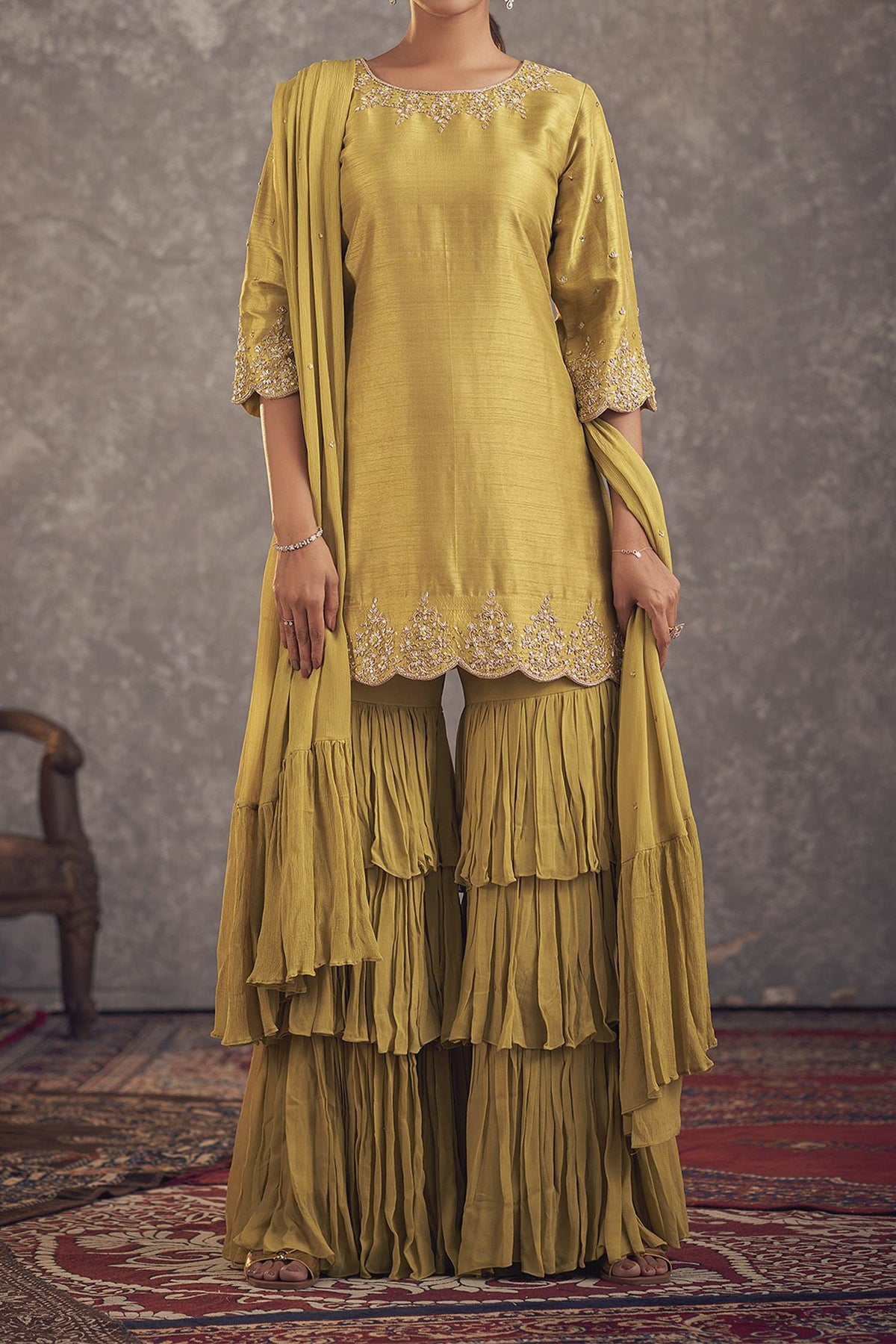 Hirika &amp; Dhruti Green Dupatta Georgette, Gharara Georgette, Inner Embroidered And Layered Set For Kids Online at Aza Fashions