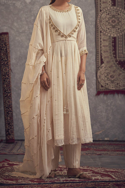 Hirika &amp; Dhruti Ivory Cotton, Organza, Chanderi, Inner Lining Hand Embroidered Anarkali Set For Kids Online at Aza Fashions