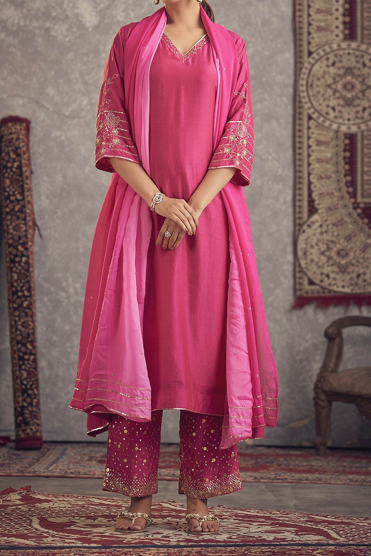 Hirika &amp; Dhruti Pink Dupatta Organza, Inner Lining Crepe, Kurta And Flower Embroidered Set For Kids Online at Aza Fashions