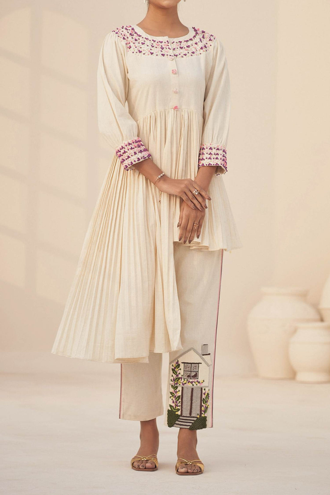 Shop Hirika &amp; Dhruti Ivory Handloom Cotton Floral, House Hand Embroidered High Low Kurta And Pant Set For Kids at Aza Fashions
