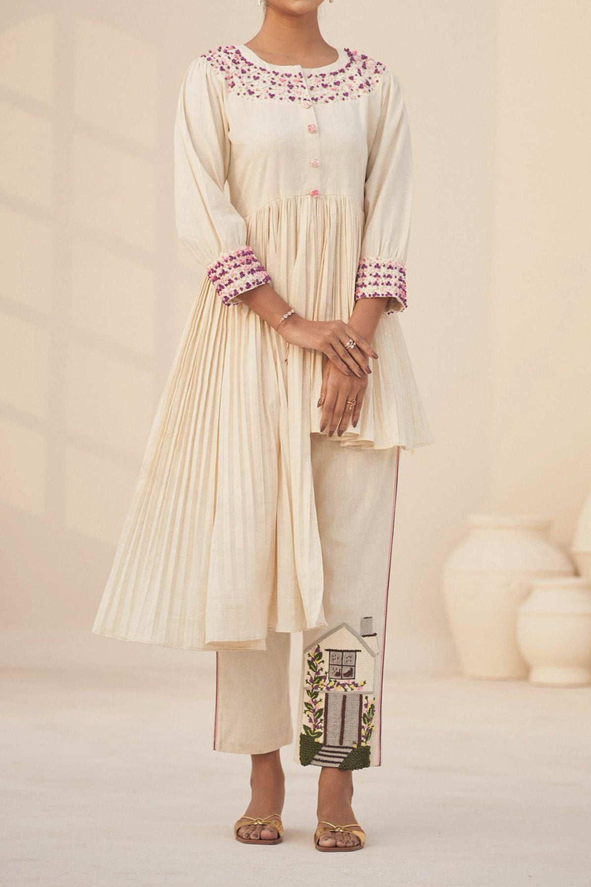 Shop Hirika &amp; Dhruti Ivory Handloom Cotton Floral, House Hand Embroidered High Low Kurta And Pant Set For Kids at Aza Fashions