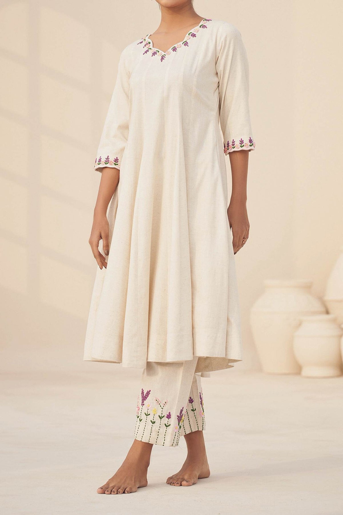 Hirika &amp; Dhruti Ivory Handloom Cotton Floral Anarkali And Pant Set For Kids Online at Aza Fashions