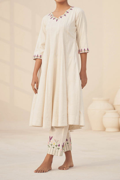 Hirika &amp; Dhruti Ivory Handloom Cotton Floral Anarkali And Pant Set For Kids Online at Aza Fashions