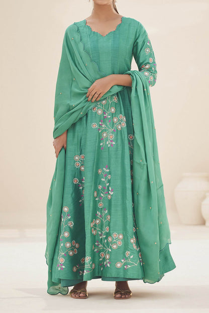 Hirika &amp; Dhruti Green Anarkali Silk, Dupatta Organza, Lining Crepe Hand Embroidered With For Kids Online at Aza Fashions
